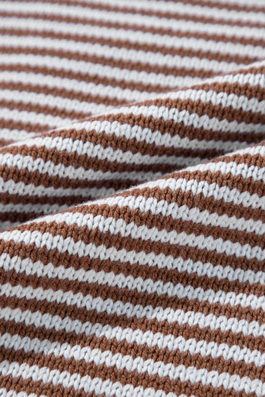 Brown Stripe Geometric Textured Drop Shoulder Sweater - Love Salve